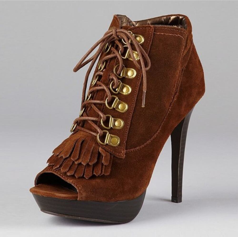 N.Y.L.A. Sabie Brown Suede Tassel Booties Peep Toe Lace Up Ankle Boots 7.5 Boho